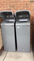 Rubbermaid (2) trash cans, metal with wind hood,