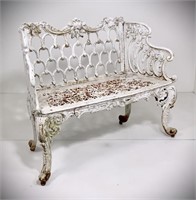 White House cast iron bench, shaped back, cabriole