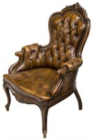 ITALIAN CARVED WOOD & LEATHER BUTTON BACK ARMCHAIR