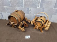 2 Wood keg carvings with mugs