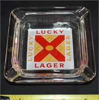 Vtg Lucky Lager X Square Glass Ashtray