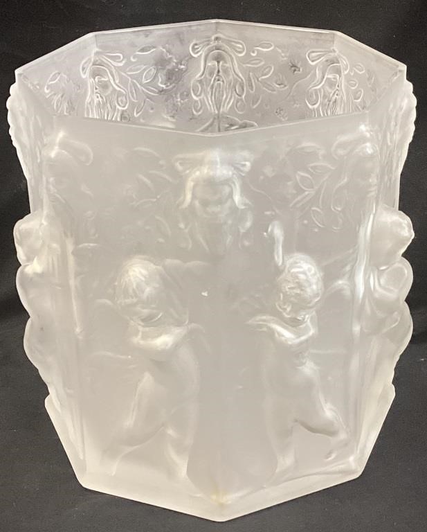 LALIQUE STYLE 8 SIDED FROSTED GLASS CHERUB VASE,