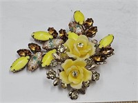 Judy Lee Rhinestone Yellow Glass Flower Brooch