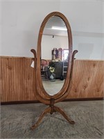 Oval mirror with wooden frame and stand