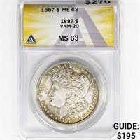 1887 Morgan Silver Dollar ANACS MS63 VAM-20