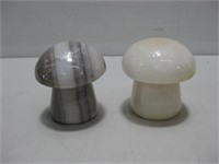 Two Marble Mushroom Paperweights Tallest 3"
