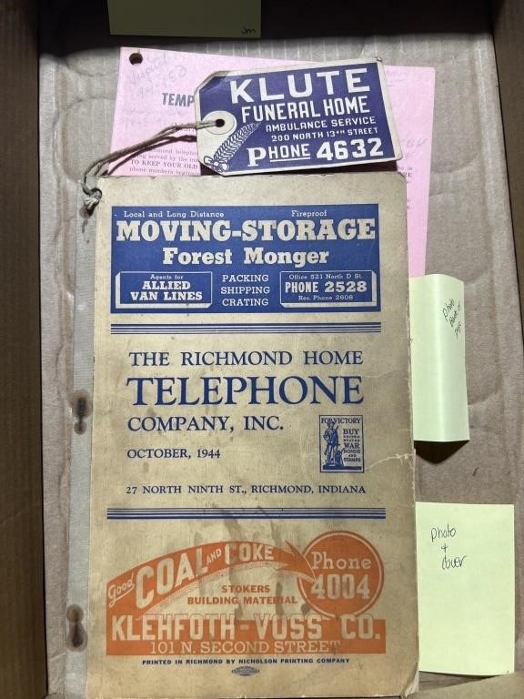 Richmond Indiana telephone directory 1944 and