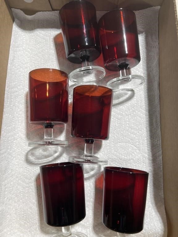 Six Ruby red footed glasses