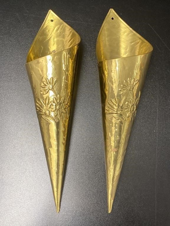 2 Brass Floral Pattern Cone Vases (Wall Mount)