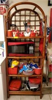RATTAN SHELF AND CONTENTS, MICROWAVE