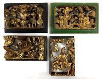 (4) Asian Hand Carved Wood Decor Panels