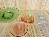 Box lot of Depression glass - pink, green and