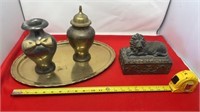 Brass Tray, Vase, Urn, and Hard Plastic