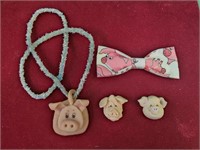 Pig bow tie, 2 clay pigs missing pin backing,