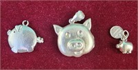 Three pig necklace pendants, oink pig .925