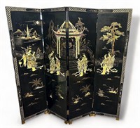 CHINESE 4-PANEL BLACK LACQUER CORMANDEL SCREEN