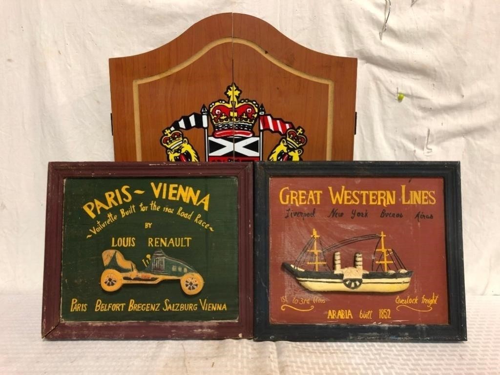 Framed Signs & Dart Board Cabinet