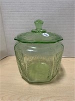 Green Depression Glass Biscuit Barrel, Princess
