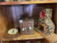 Vintage, chicken canister, clock, fireplace,