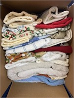 Box of towels, wash rags and kitchen towels