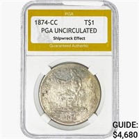 1874-CC Silver Trade Dollar PGA UNC  Shipwreck
