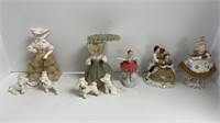 (5) vintage figurines, w/"lace", 2 w/pair poodles