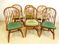 Set of (6) Wood Dining Chairs w/ Green Seat Pads