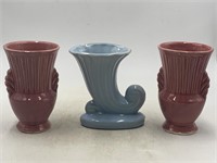 Vintage USA cornucopia baby blue vase with two