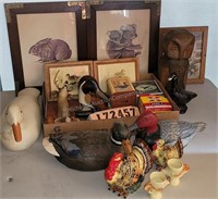 Hunting Licenses, Ammo Boxes, Carved Owl, etc.