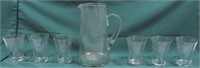 7PC VINTAGE ETCHED GLASS STARBURST PITCHER & CUPS