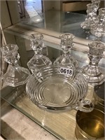 4 matching candle holders & glass bowl