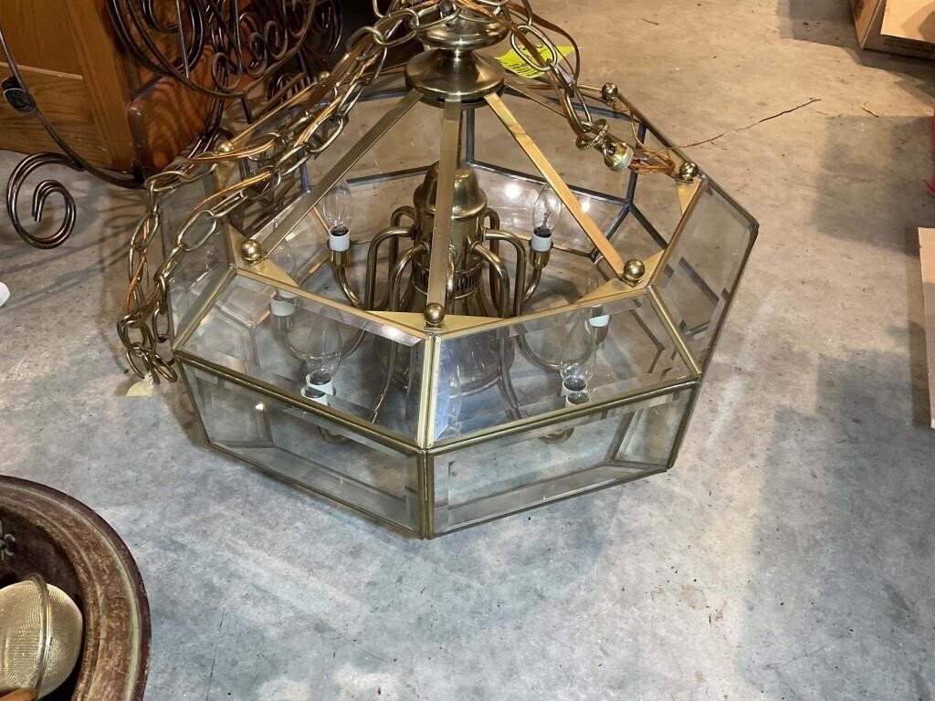 BRASS COLORED AND GLASS CHANDELIER, 20 IN TALL
