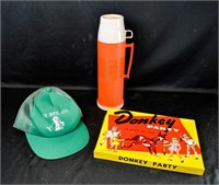 RETRO THERMOS, HAT & DONKEY TAIL PARTY GAME