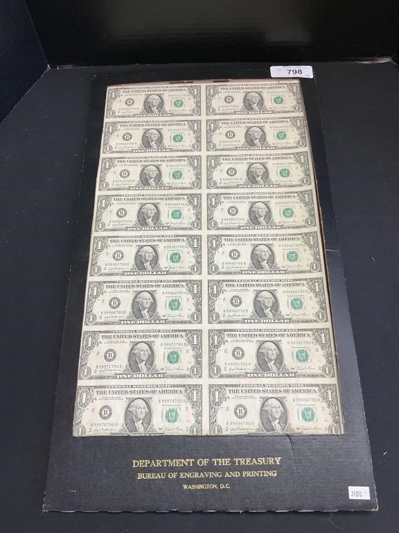Uncut Sheet of US Treasury 1981 Dollar Bills.
