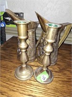 BRASS CANDLESTICKS & ENGLISH PITCHERS