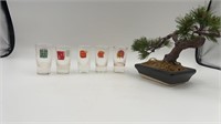 Vtg Asian shot glasses & faux Banzai tree