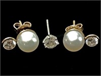(3) 14k Gold Pearl & Diamond Earrings