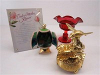 Brass Hummingbird Music Box, Ruby Red Compote