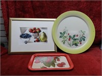 Metal strawberry trays, framed picture.
