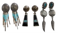 (3) Pair Sterling Silver, Turquoise, Onyx Earrings