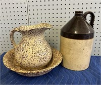 SPLATTER WARE STONEWARE PICHER AND BOWL AND JUG