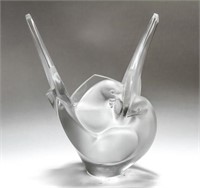 Lalique Crystal "Sylvie" Doves Vase w Flower Frog