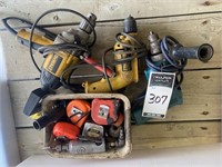 (3) Elec Drills, Box w/ Tape Measures, Air Grinder