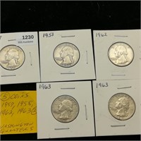 (5) 1950-60s Washington Quarters 25c ($1.25)