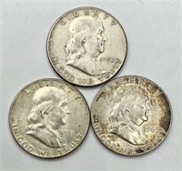 3 Silver Benjamin Franklin Half Dollars