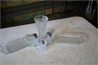 Clear glass trays, s&p shakers, vase
