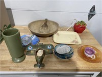 Wood bowl & miscellaneous glass