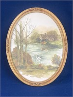 Vintage Homco Oval Cottage and Pond Watercolor