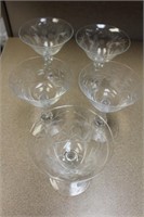 Lot of 5 Etched Glass Wine Goblets