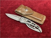 Gerber Folding Knife w/ Vtg Leather Sheath